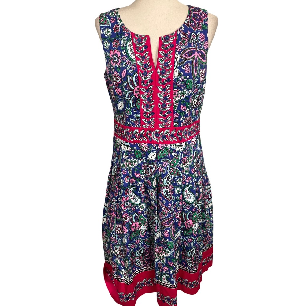 Talbots Dress Womens 8 Blue Pink Paisley Fit Flare Summer Cotton Boho Garden